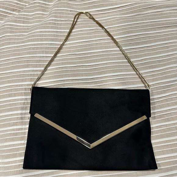 Women's Black Evening Bag Envelope Clutch Shoulder Crossbody Bag Faux Suede Gold - Picture 10 of 11